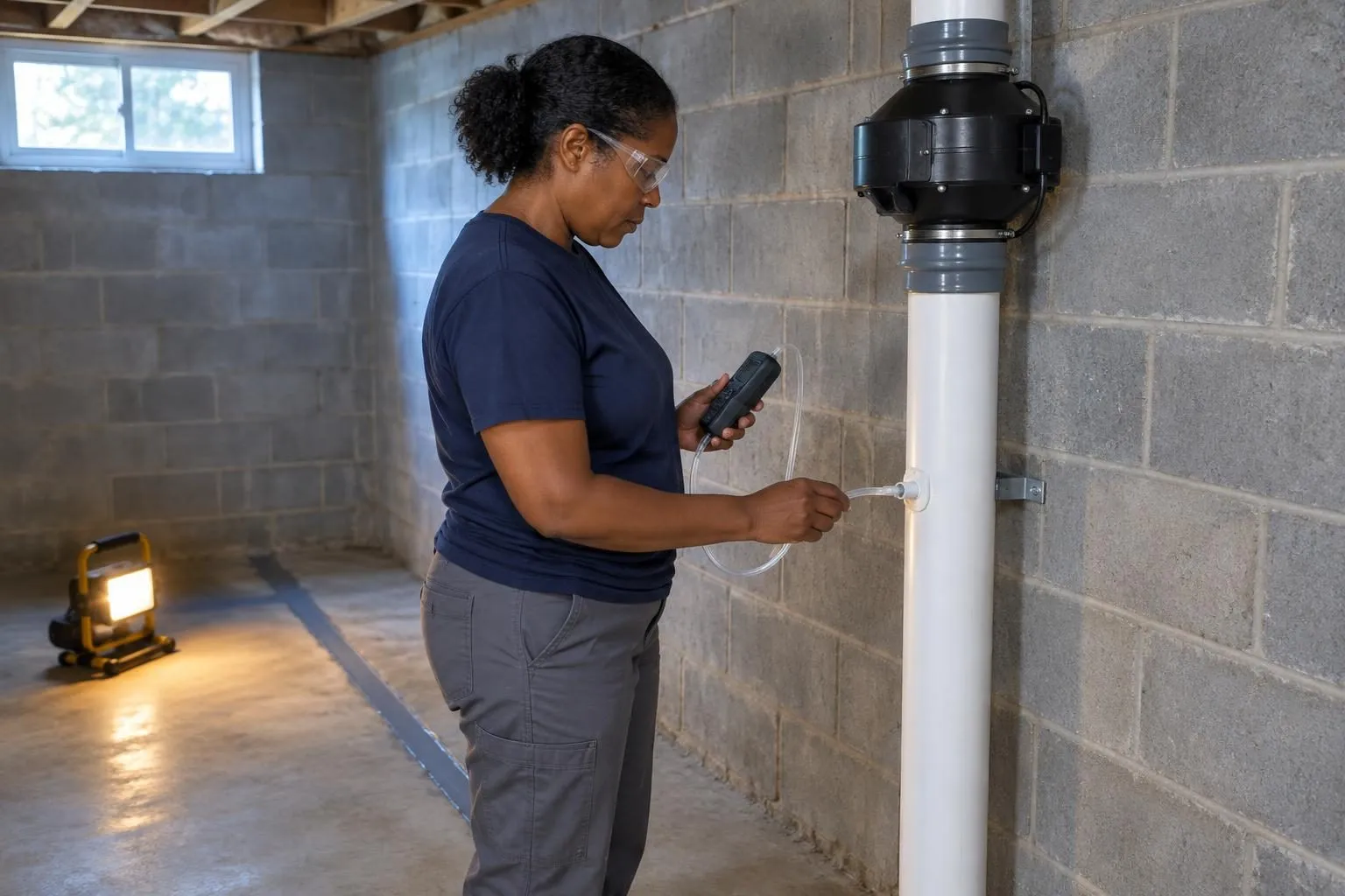 A contractor in a basement presses a manometer tube into a test port on a PVC radon pipe to check suction.