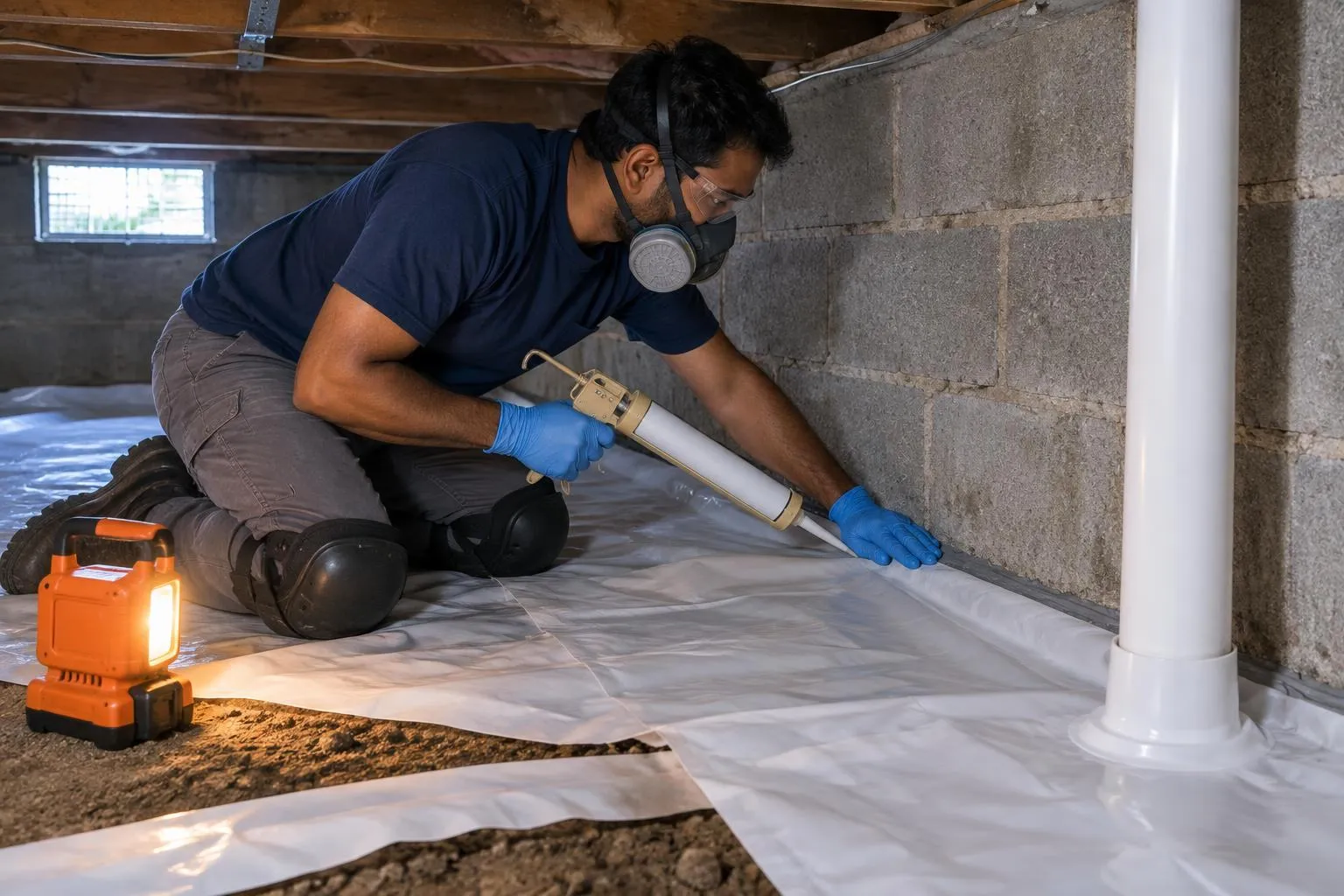 Contractor in a respirator seals white crawl space sheeting to a block foundation wall with a bead of gray sealant.