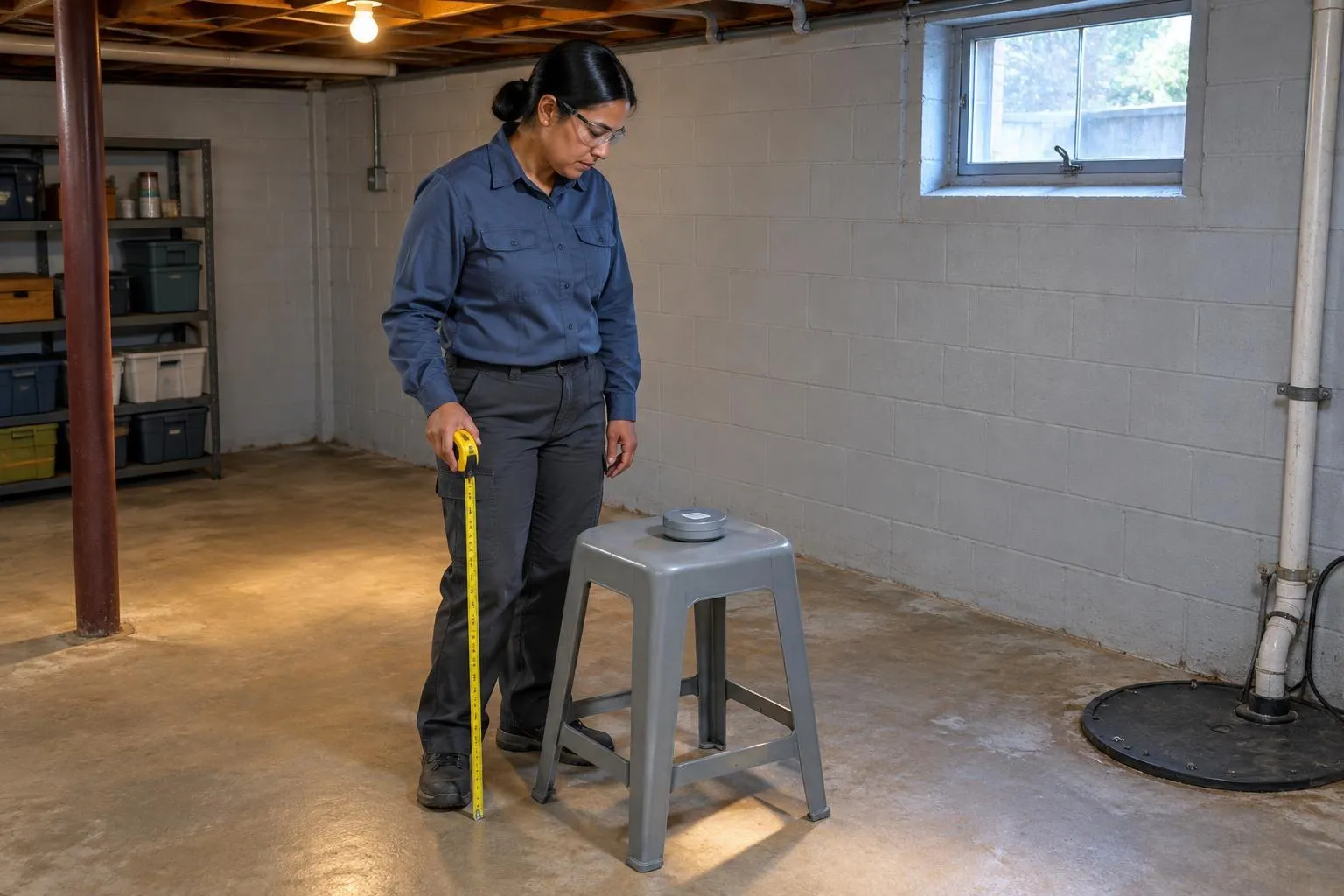 Radon tester measuring the height of a small test canister on a stool in a basement with the window shut