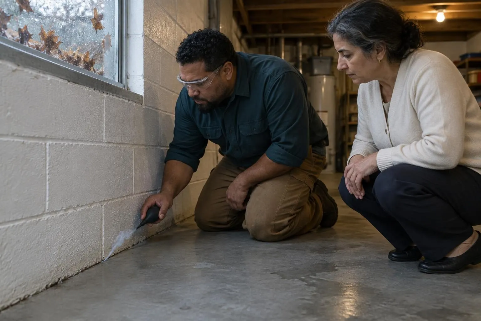 A contractor and a homeowner crouch at a basement wall joint, watching a thin trail of test smoke drift into a hairline gap.