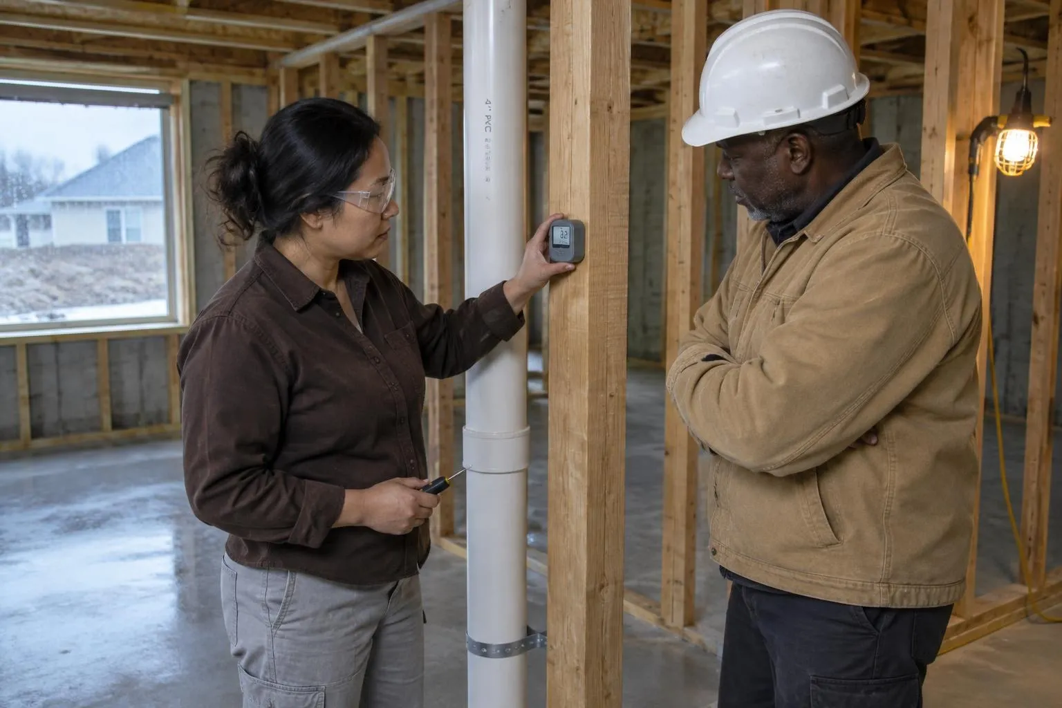 Contractor holds a small digital radon sensor against a stud beside a white vent stack as a builder looks on in a new house.