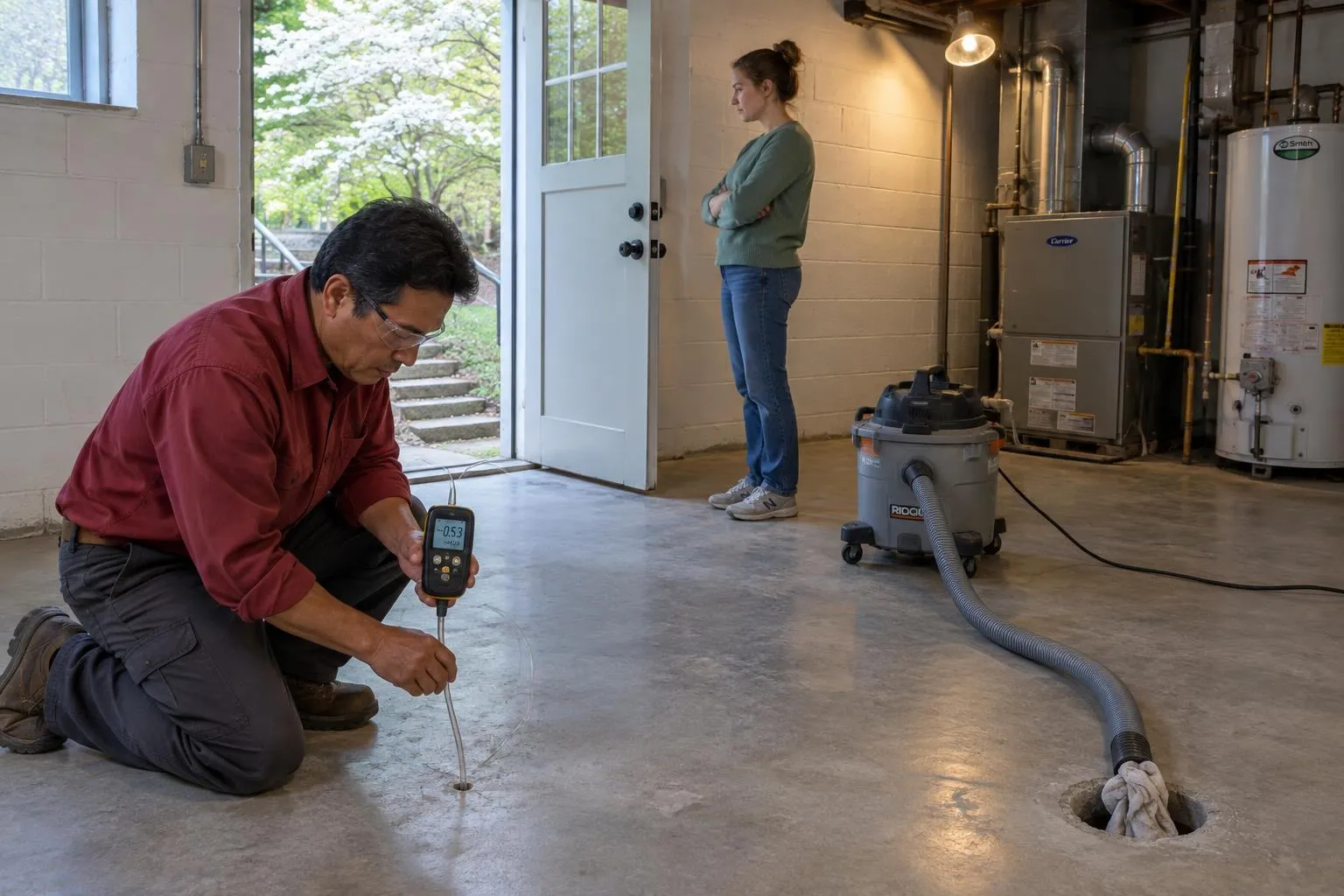 Contractor kneeling on a basement slab pressing a manometer tube into a test hole while a shop vacuum pulls suction across the room.