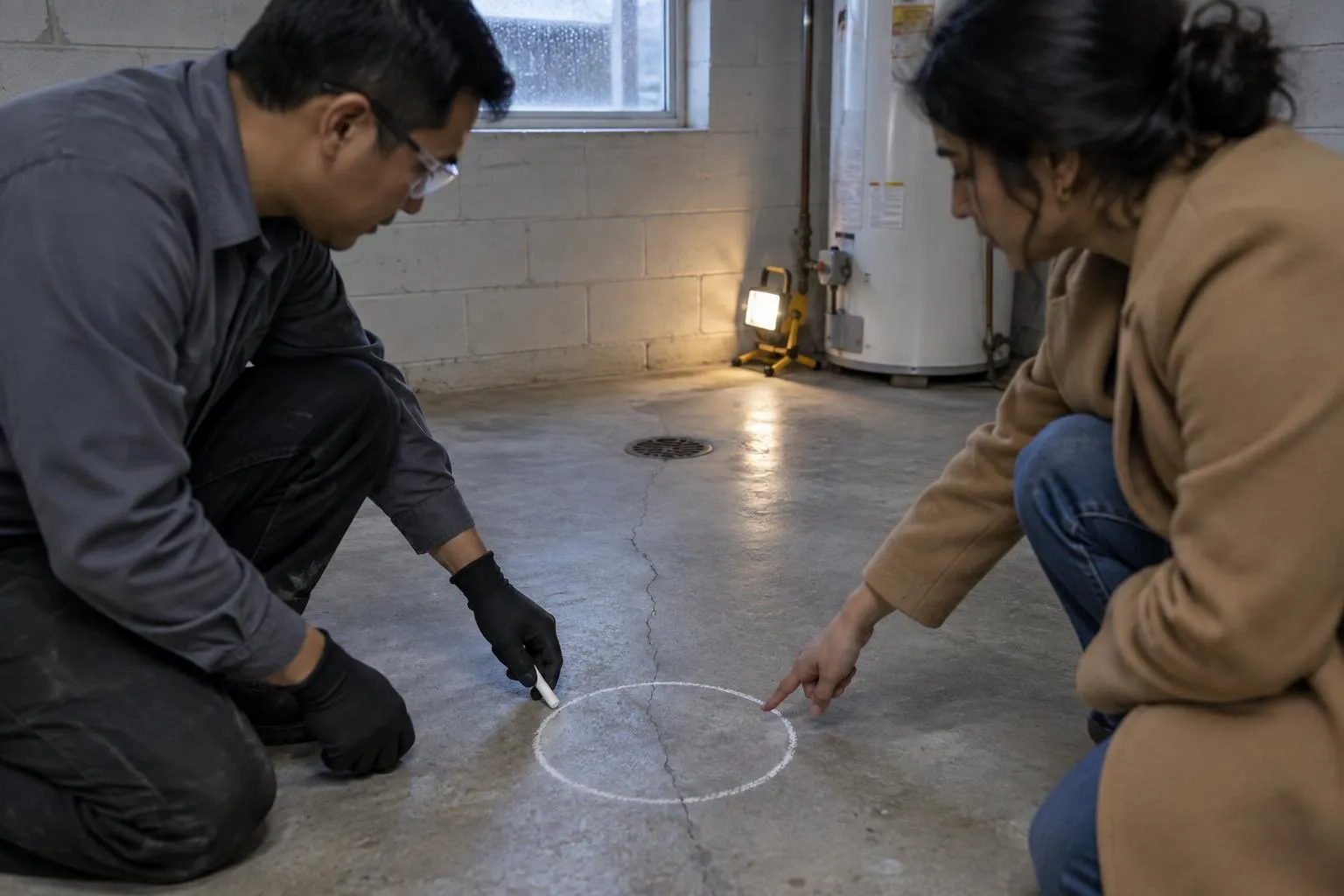 A contractor's chalk circle on a basement slab as a home buyer points to it, marking where a radon suction hole will go.