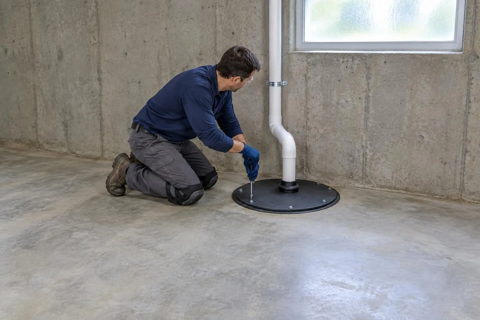 Radon contractor tightens an airtight sump cover in a basement, with winter light through a closed window.