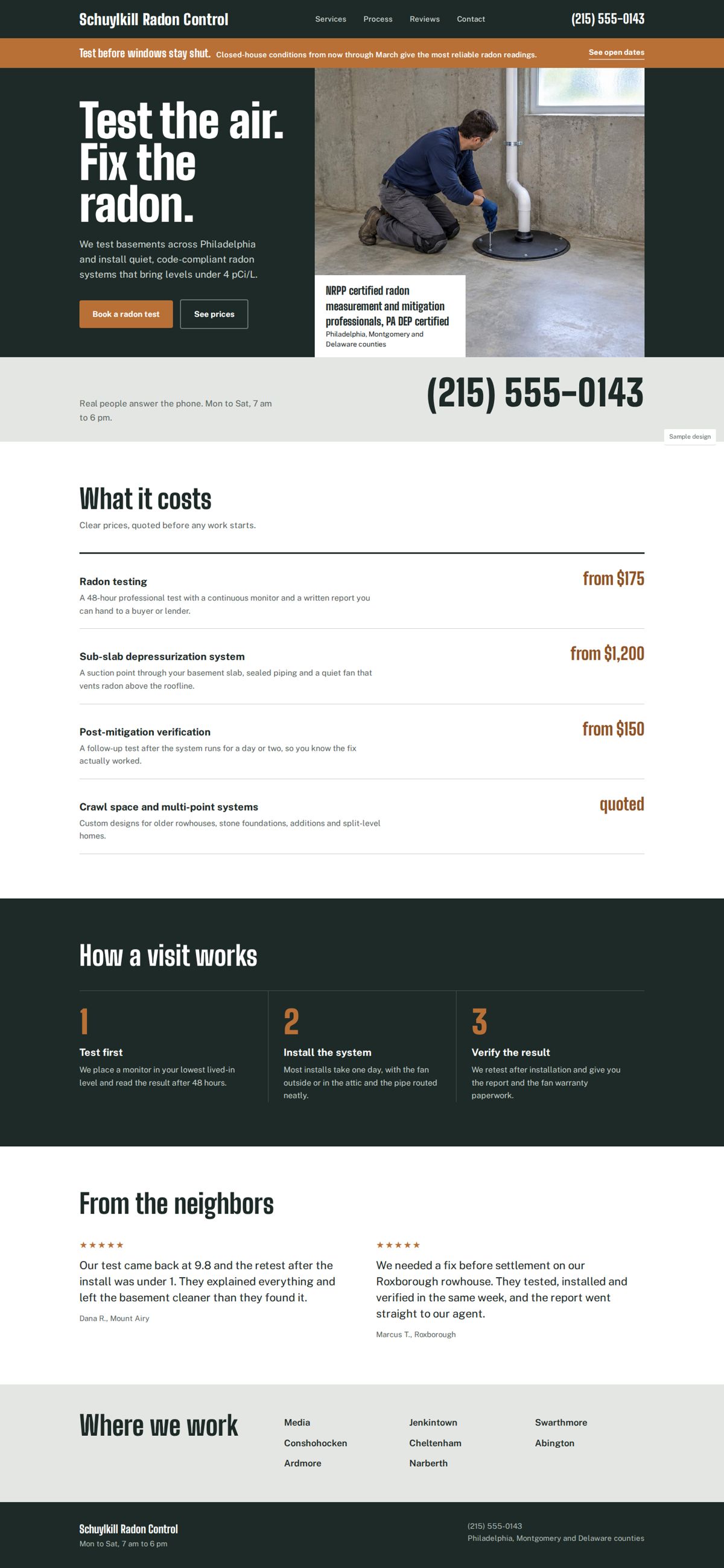 Full page of a sample business website, desktop view